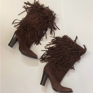 Ralph Lauren Caitleen Fringe Moccasin Mid-Calf Boot in Dark Brown Suede -Size 8
